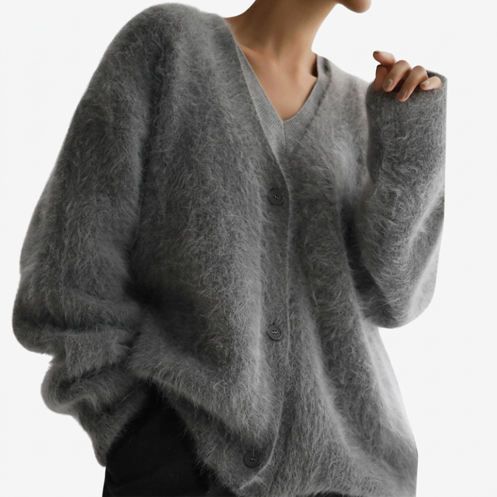 Elegante bakside av myk damecardigan med v-hals og knapper. Ensfarget design, komfortabelt koseplagg.
