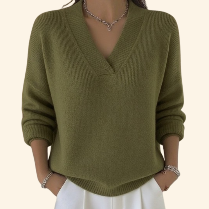 Elegant dame v-hals genser topp. Stilren og komfortabel, perfekt for hverdagsbruk vår og sommer.