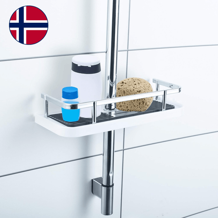 Elegant dusjorganisering med baderomshylle i rustfritt stål. Enkel montering uten boring for et ryddig bad.