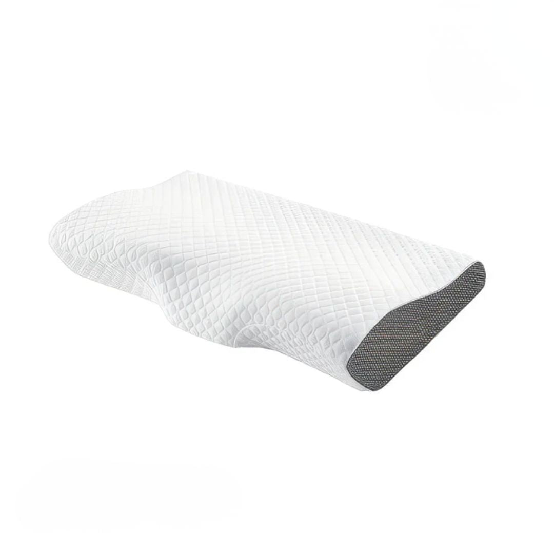 Grå memoryskumpute med kjølende bambustrekk for optimal søvn og komfort, ergonomisk design.
