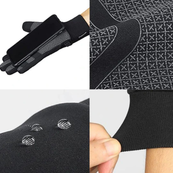 Svarte og grå unisex vinterhansker for sport og friluftsliv. Vanntette, varme, pustende og med touchscreen.