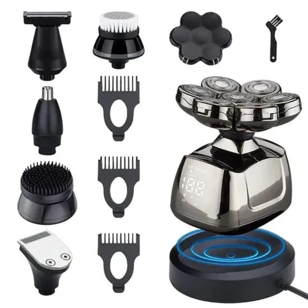 Mann bruker 7D elektrisk barbermaskin for presis våtbarbering. Ideell for ansiktspleie og jevn hud.
