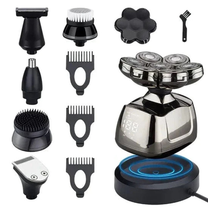 Mann bruker 7D elektrisk barbermaskin for presis våtbarbering. Ideell for ansiktspleie og jevn hud.