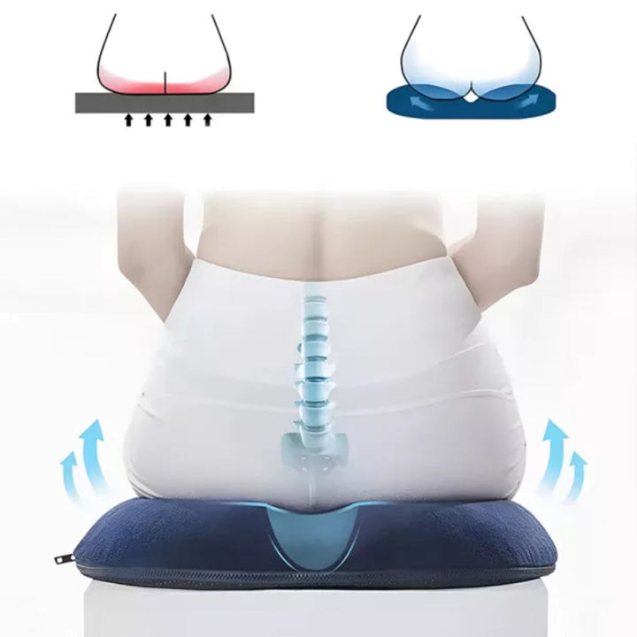 Portabel avlastningspute for bil og reise; ergonomisk design lindrer trykkpunkter og forbedrer kjørekomfort.