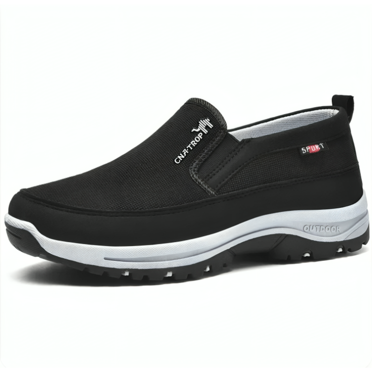 Ortopediske slip-on herresko i mørk farge for brede føtter, med komfort og fotbuestøtte.