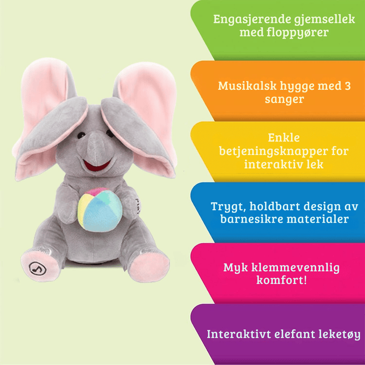 Morsom Barnas PeekPal baby elefant plysj, trygg og interaktiv barneleke for lek og læring.