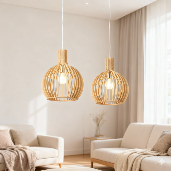 Unik trelampe til spisestuen, håndlaget med justerbar høyde. Perfekt for naturlig og dekorativ belysning. [[lstfy-media:2]]