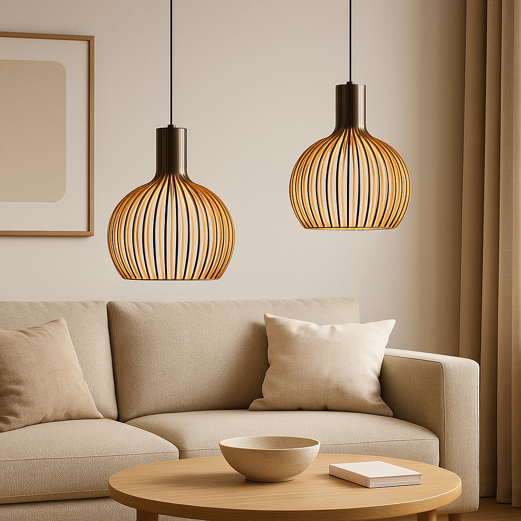 Unik håndlaget pendellampe i beige/brun tre. Justerbar belysning som passer perfekt til naturlig interiør.