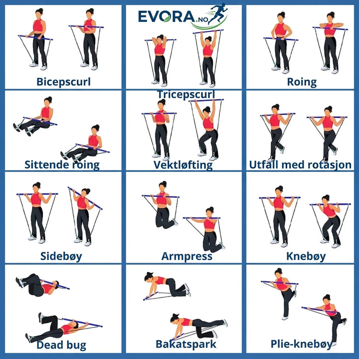 Robust pilatesstang med integrerte motstandsbånd for variert styrke- og stretchingtrening hjemme.