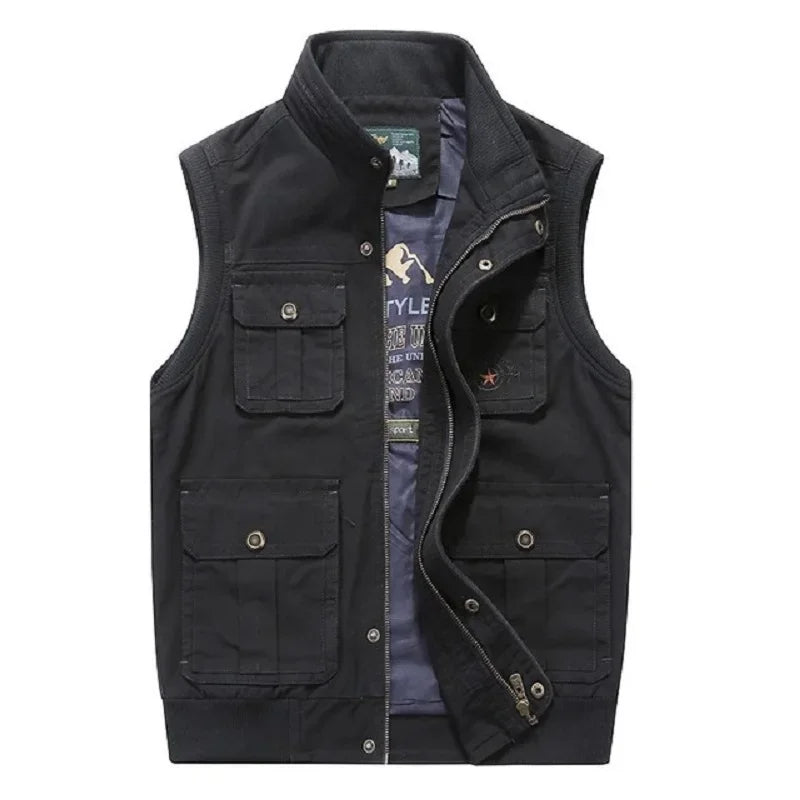 Menns vintage bomullsvest med flere lommer for stilfull komfort og praktisk oppbevaring på fritiden.