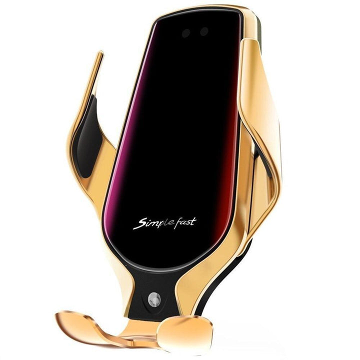 Elegant bilholder i svart/sølv for smarttelefoner med trådløs lading og automatisk justering.