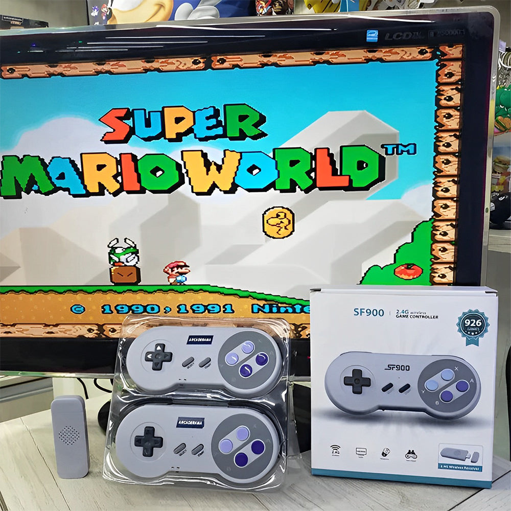 Familiekonsoll med to kontrollere for multiplayer retro spill, perfekt for barn og voksne.