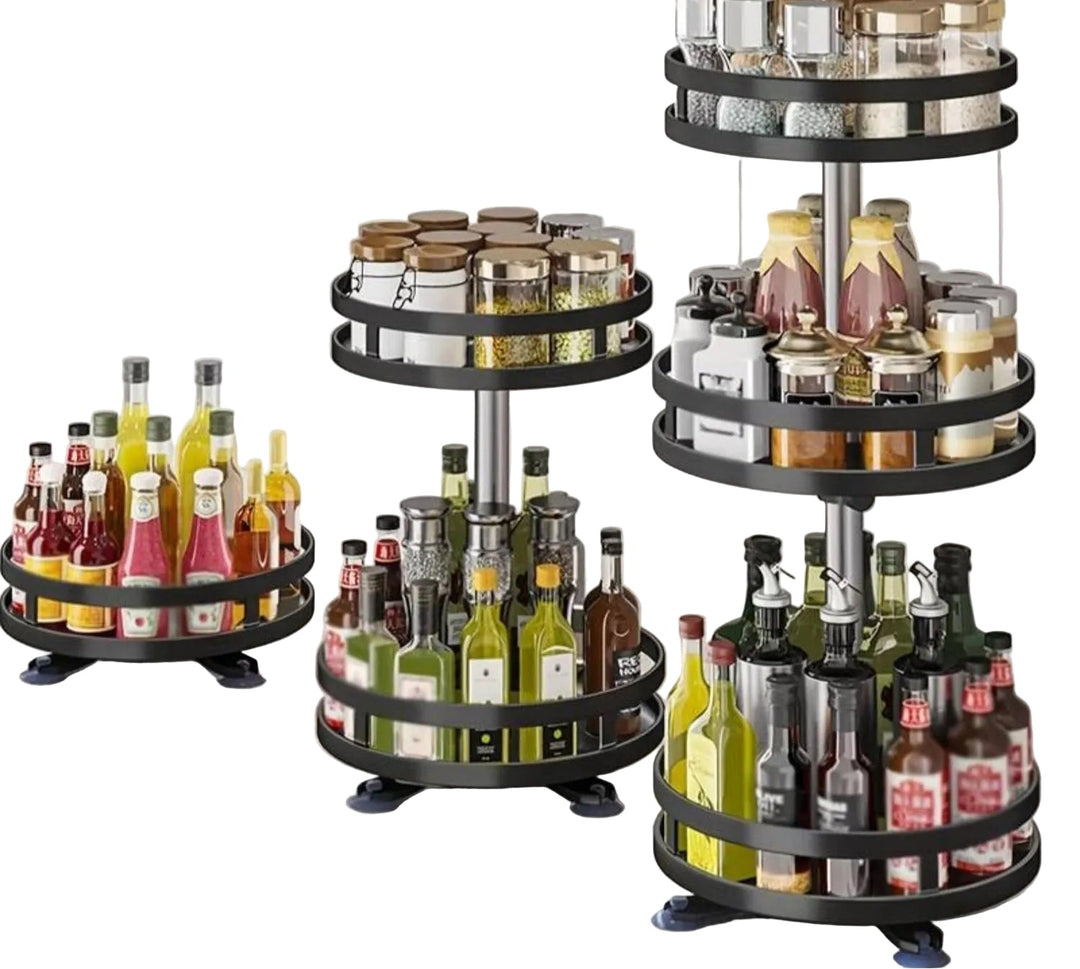Roterende oppbevaringsstativ for kjøkken. 360° organisering av krydder, oljer. Plassbesparende, moderne design.