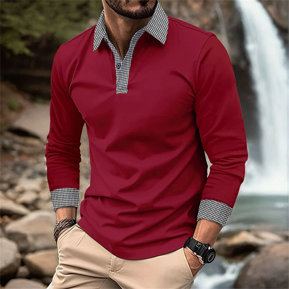 Mann som modellerer en elegant, langermet poloskjorte i pustende polyester for hverdag og fritid.
