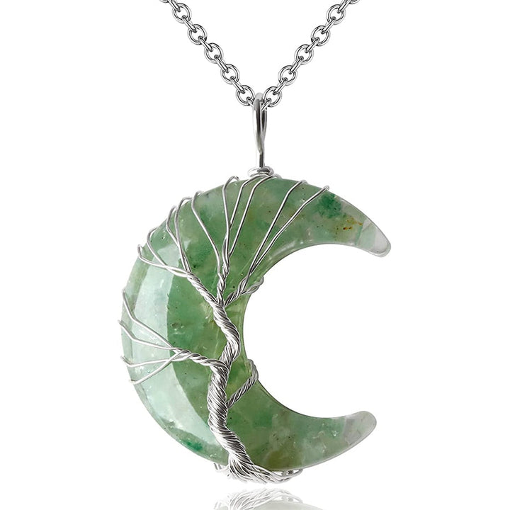 Livets Tre-halskjede i unisex-design med halvmåne og helende krystall. Perfekt spirituell gave.