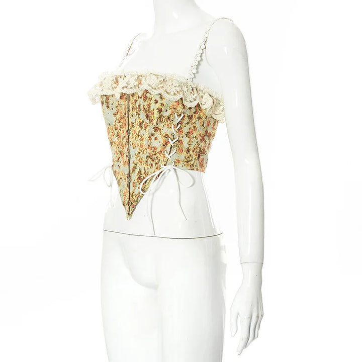 Stilfullt blomstret korsett med snøring og blonder, en perfekt kvinners festtopp i vintage mote.