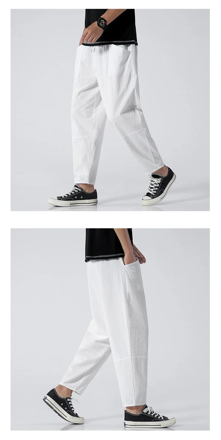 Fritidsbukser til herre i bomull, komfortable og i japansk stil.