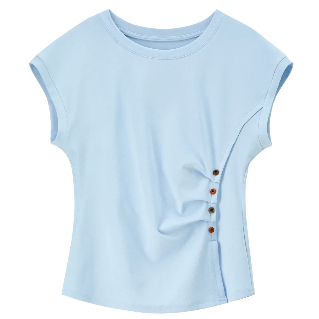 Minimalistisk dame t-skjorte med kontrastknapper og rund hals. Klassisk figurnær sommertopp for elegant stil.