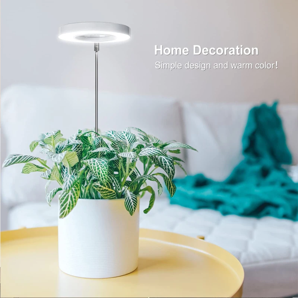 Hvit justerbar LED vekstlampe med klips; ideell for små innendørs planter på hylle.