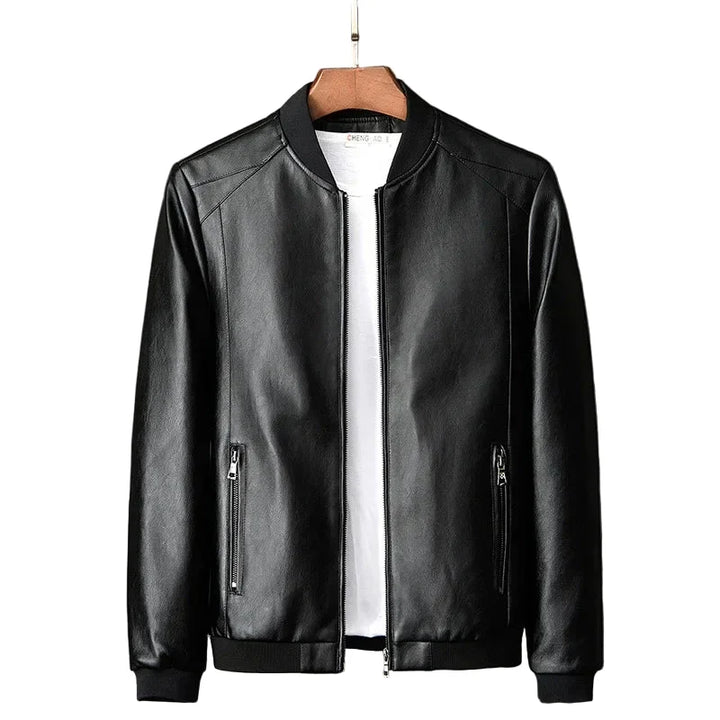 Trendy herre vårjakke/høstjakke i vegansk skinn. Koreansk bikerstil for menn, slim fit og streetwear-vennlig.