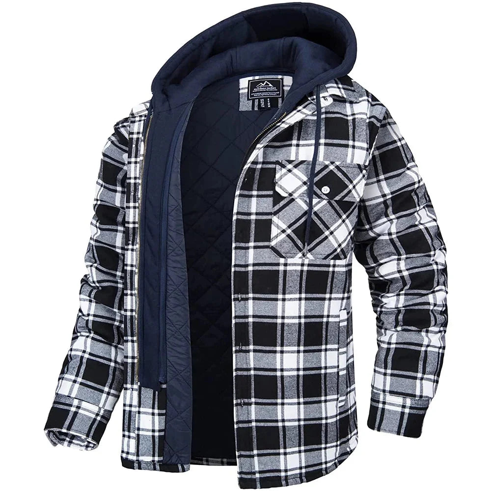 Menns høst/vinter skjortejakke i flanell, rutete design med varmt fleecefôr og hette.