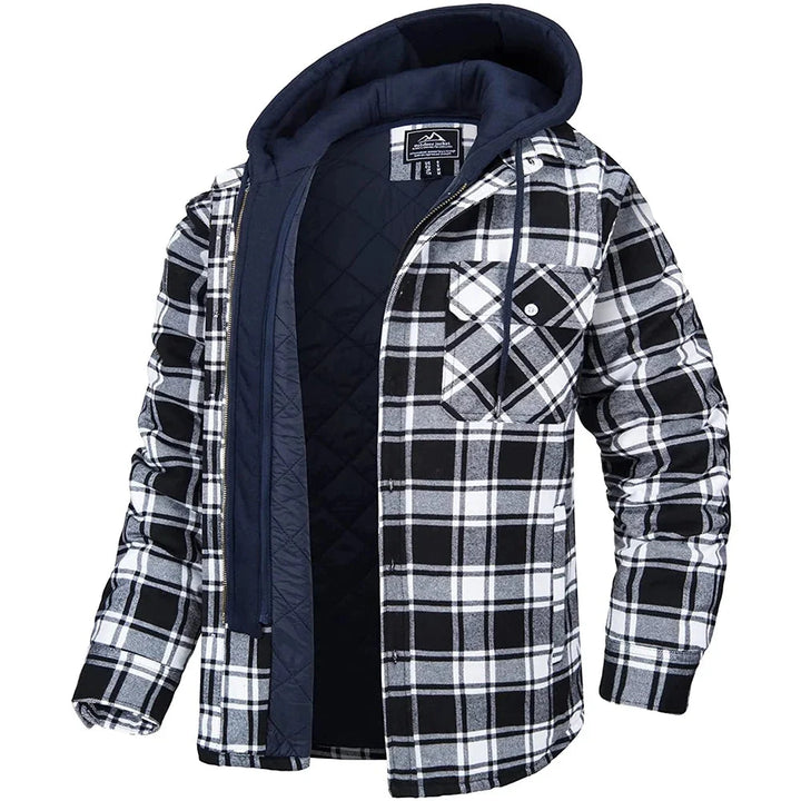Menns høst/vinter skjortejakke i flanell, rutete design med varmt fleecefôr og hette.