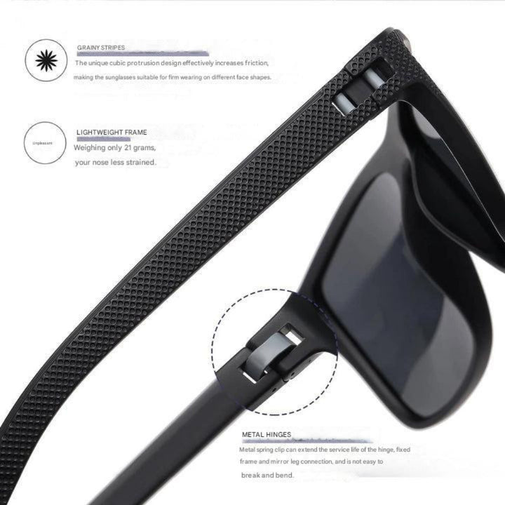 Allsidige unisex solbriller med robust ramme, polariserte linser for klar sikt i ulike lysforhold.