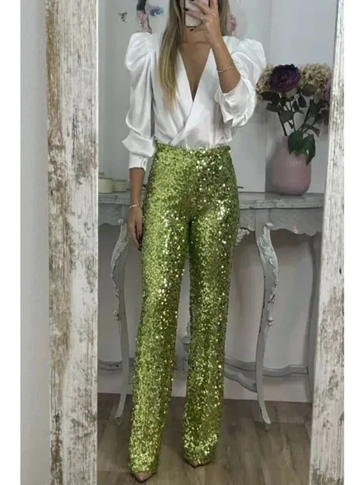 Elegante dame glitterbukser med paljetter og komfortabelt snitt. Din perfekte partymote for kveldsantrekk.