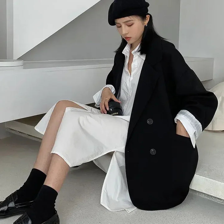 Mote blazer: Løs passform, dobbelspent vintage dameblazer. Elegant dressjakke for høst og kontor.