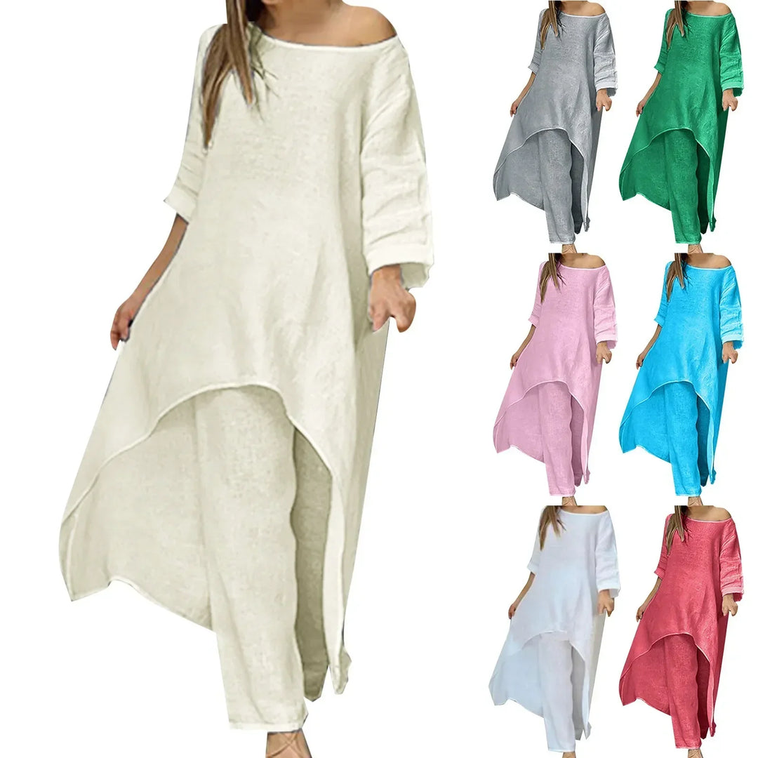Løst, komfortabelt linsett for kvinner med vide bukser og off-shoulder topp. Ideelt vår- og sommertøy.
