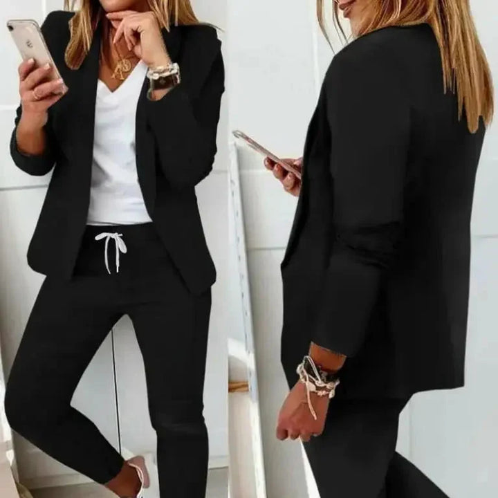 Klassisk damesett: Ensfarget blazer og bukse for en sofistikert vårmote eller høstmote.