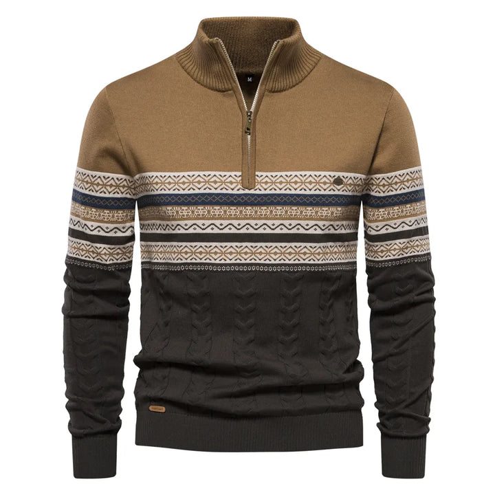 Retro sweatshirt for herre med iøynefallende mønster. Komfortabel og varm genser med halv glidelås.
