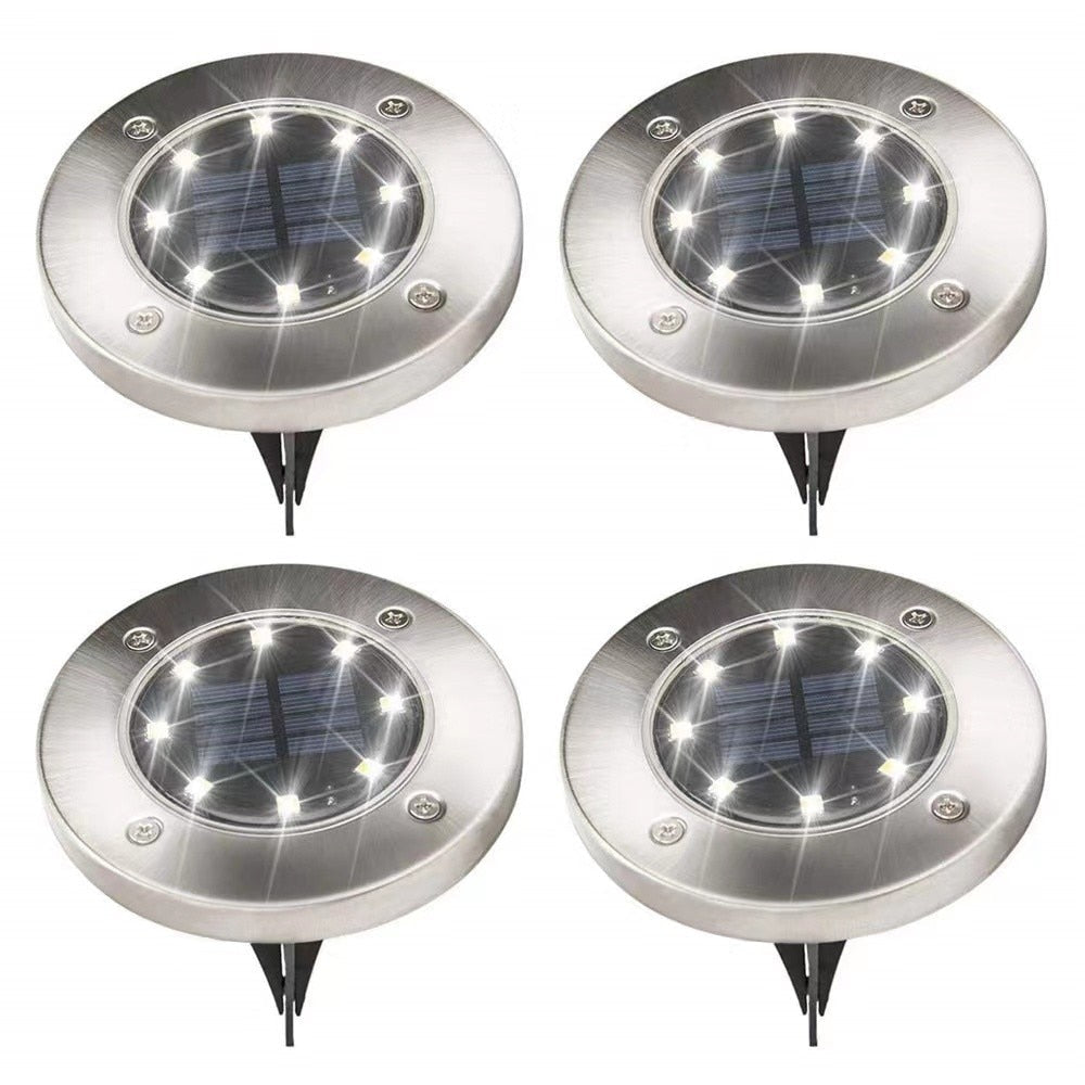 Kraftige 8 LED solcellelys som disklys til hagen. Vanntett stielys for uteområde og landskapsbelysning.
