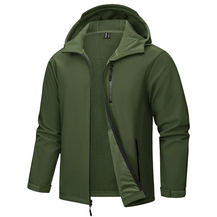 Arbeidsjakke softshell for menn. Hette, fleecefôret, vanntett og vindtett for krevende utendørsjobber.