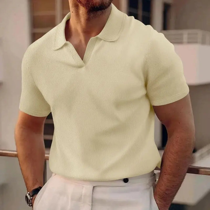 Herre polo t-skjorte, casual vaffelstrikk, kortermet V-hals med krage, perfekt for sommer.