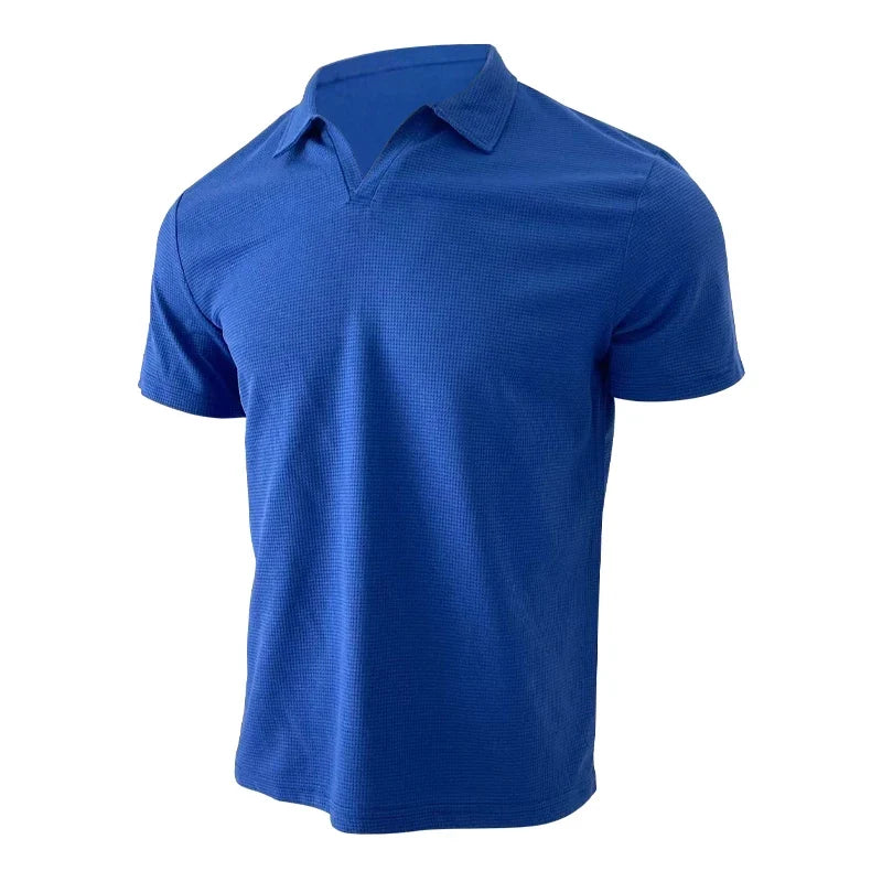 Herre vaffelstrikket polo, kortermet V-hals med krage, stilfull og allsidig for sommeren.