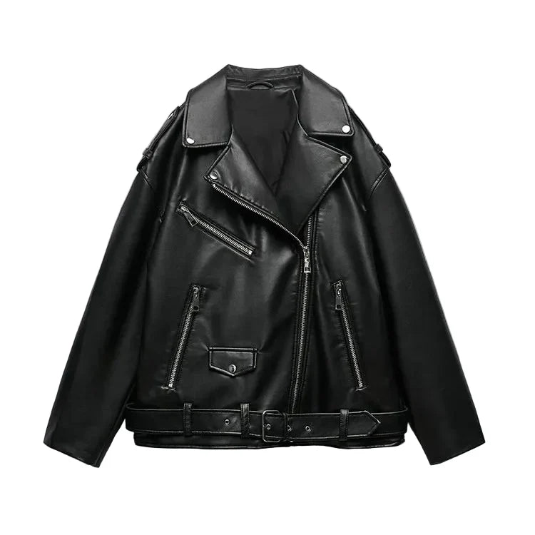 Elegant svart damejakke i PU-skinn, klassisk biker-stil. Ideell vegansk skinnjakke for en moteriktig vår- og høstlook.