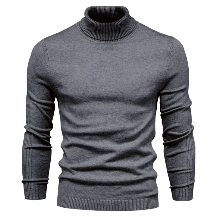 Elegant og varm høyhalset genser til menn, slim fit design. Ensfarget strikk for vinterbruk.