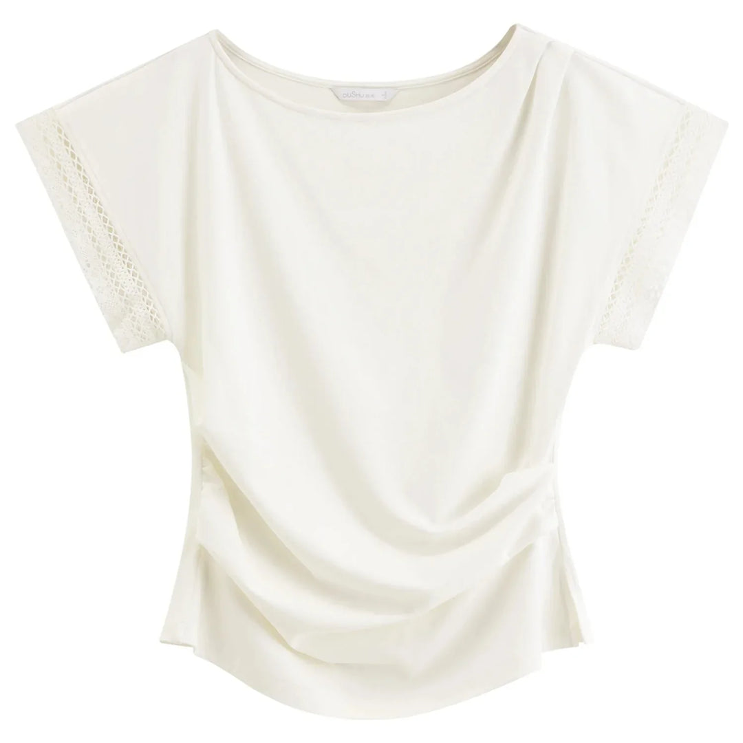 Dame ruched t-skjorte i beige, en allsidig og komfortabel sommertopp med elegant design for urban stil.