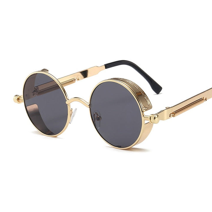 Unisex retro solbriller i steampunk-stil for menn, med runde glass & god UV-beskyttelse.