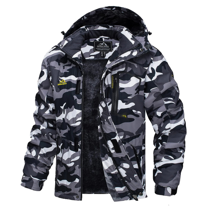 Grå herre parkas, vanntett og vindtett, med hette for ski og snø.