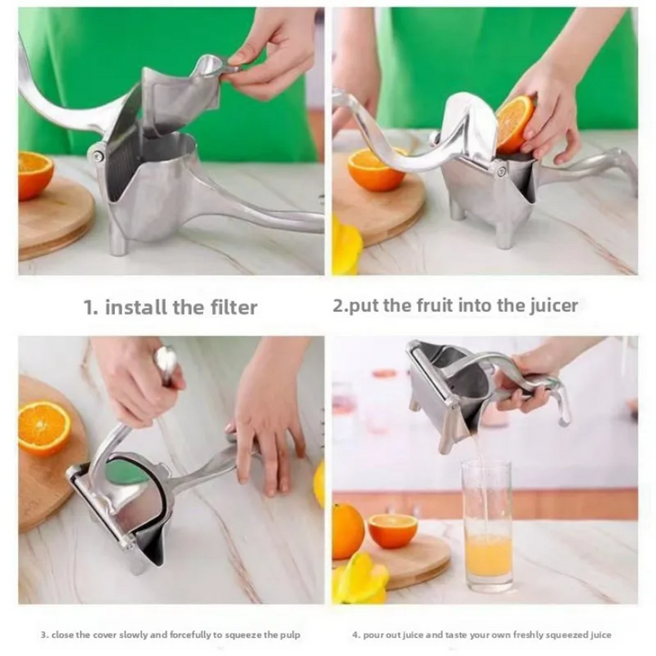 Holdbar manuell juicer i aluminium for fersk hjemmelaget juice. Praktisk kjøkkenutstyr.