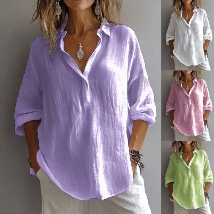 Klassisk oversized V-hals skjorte for kvinner, ideell for casual og elegant kontorklær. Komfortabel vårskjorte.