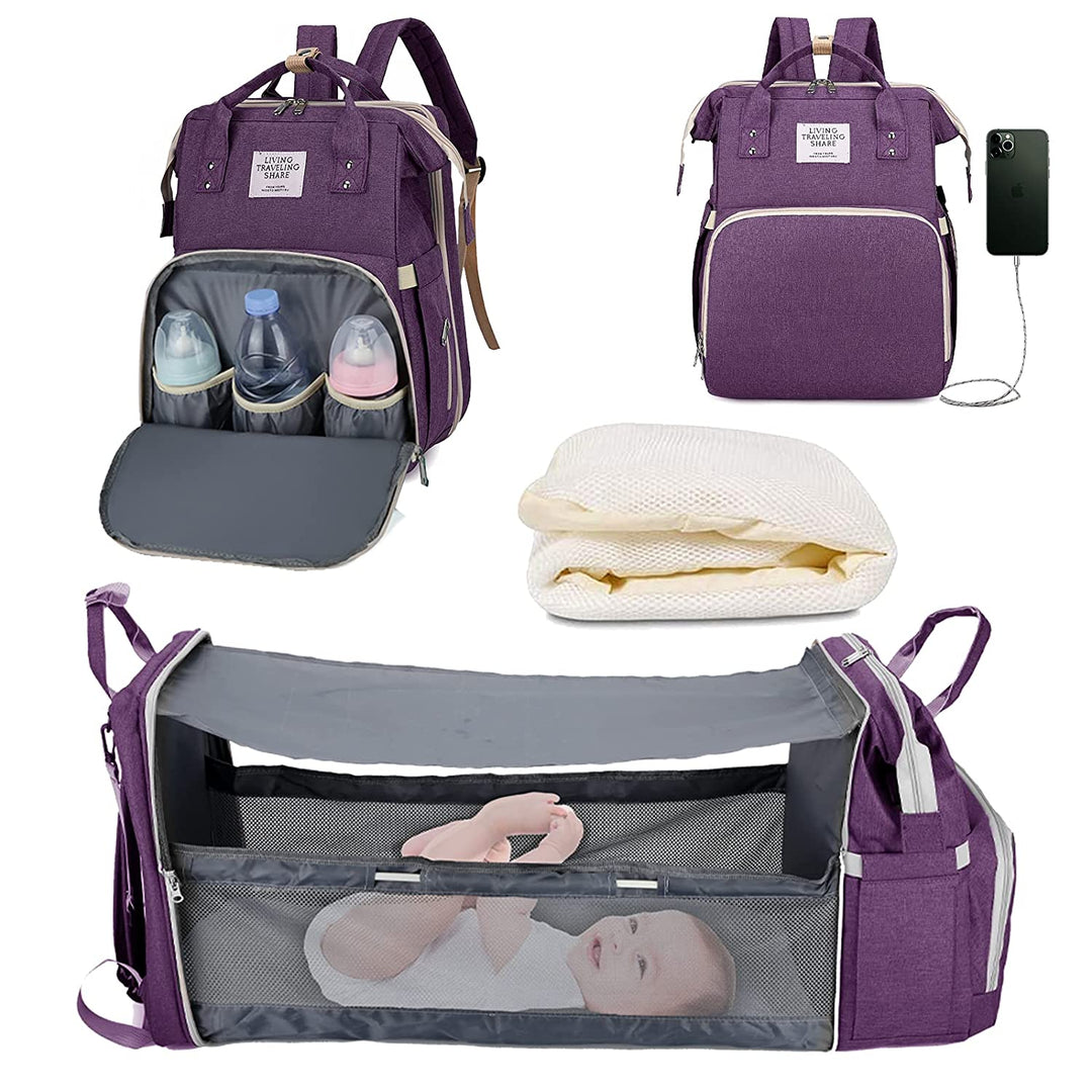 Praktisk 2-i-1 bleieveske ryggsekk med integrert soveseng/stellematte for optimal baby komfort.