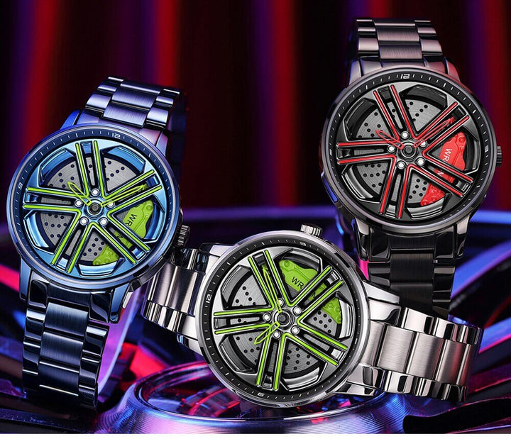 Unik og stilfull herreklokke, et armbåndsur med innovativt spinnende hjuldesign og metallreim.