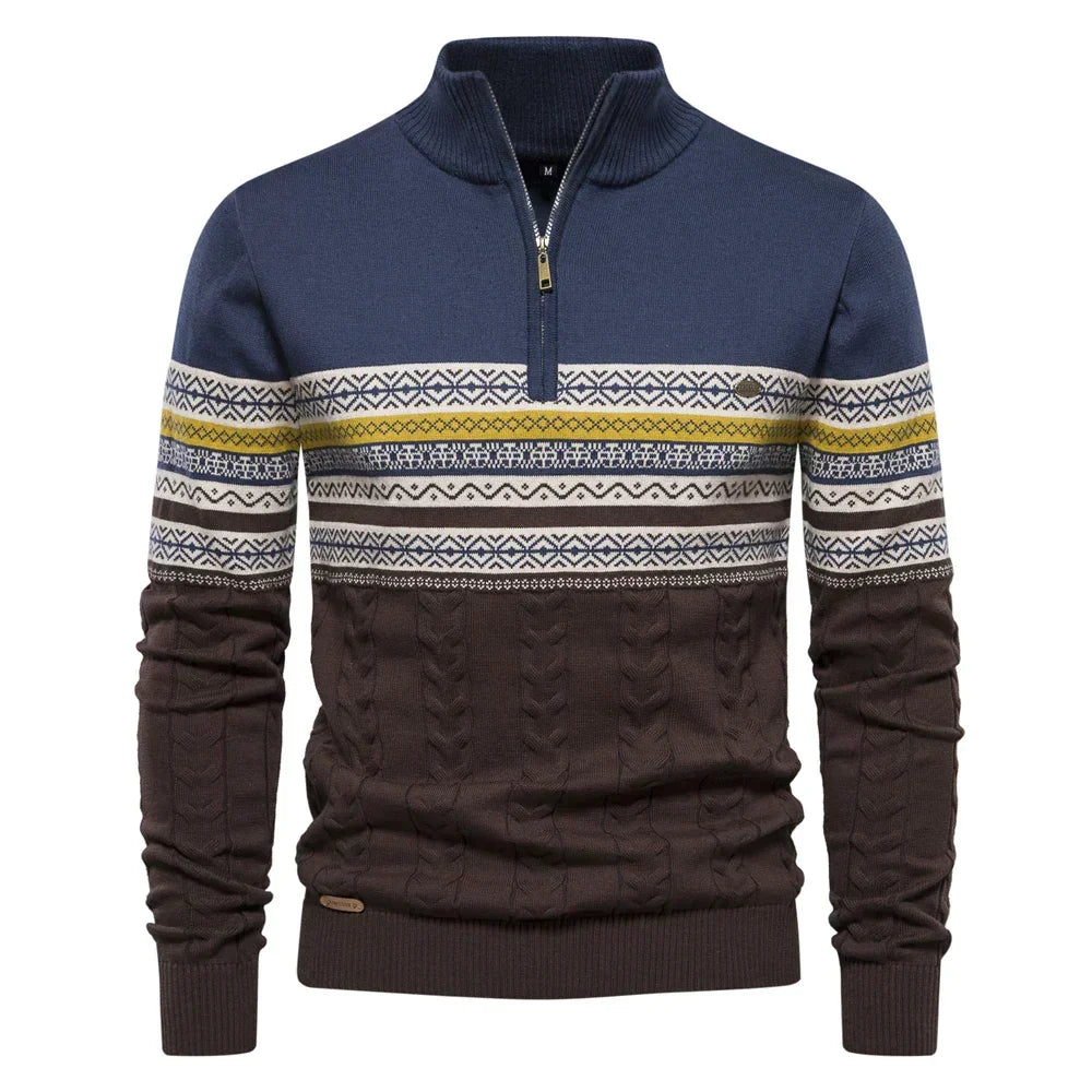 Modell i myk herregenser med retro mønster og halv glidelås. Perfekt for komfortabel og avslappet stil.
