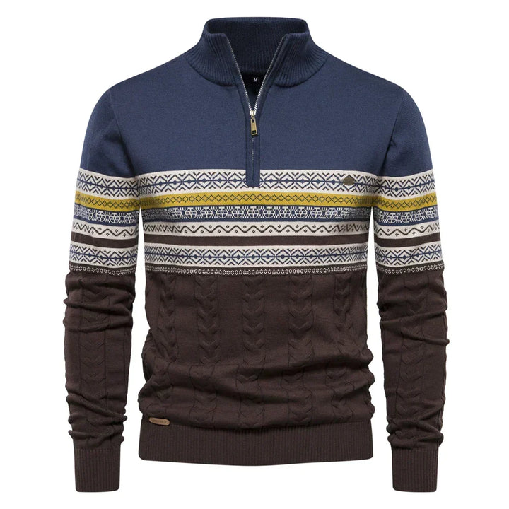 Modell i myk herregenser med retro mønster og halv glidelås. Perfekt for komfortabel og avslappet stil.