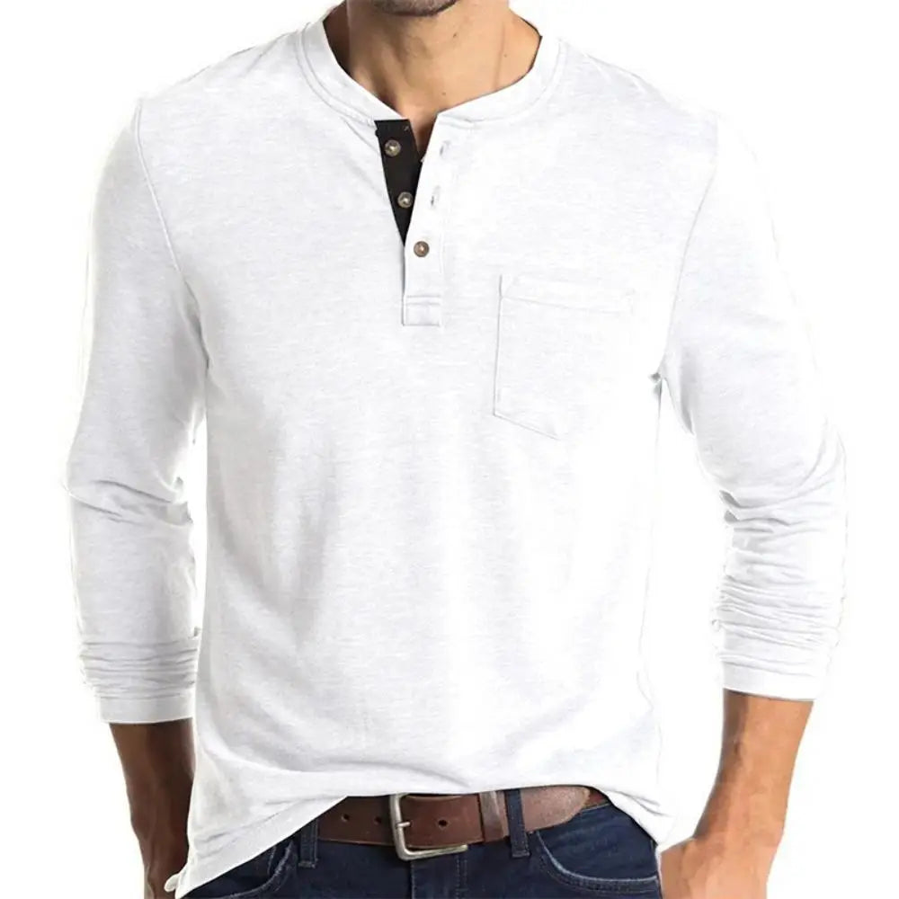 Allsidig ensfarget langermet Henley for herre, myk og komfortabel høstgenser for daglig bruk.