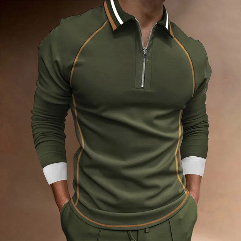 Mann i komfortabel slim fit poloskjorte med glidelås. Allsidig for casual hverdagsbruk og herremote.