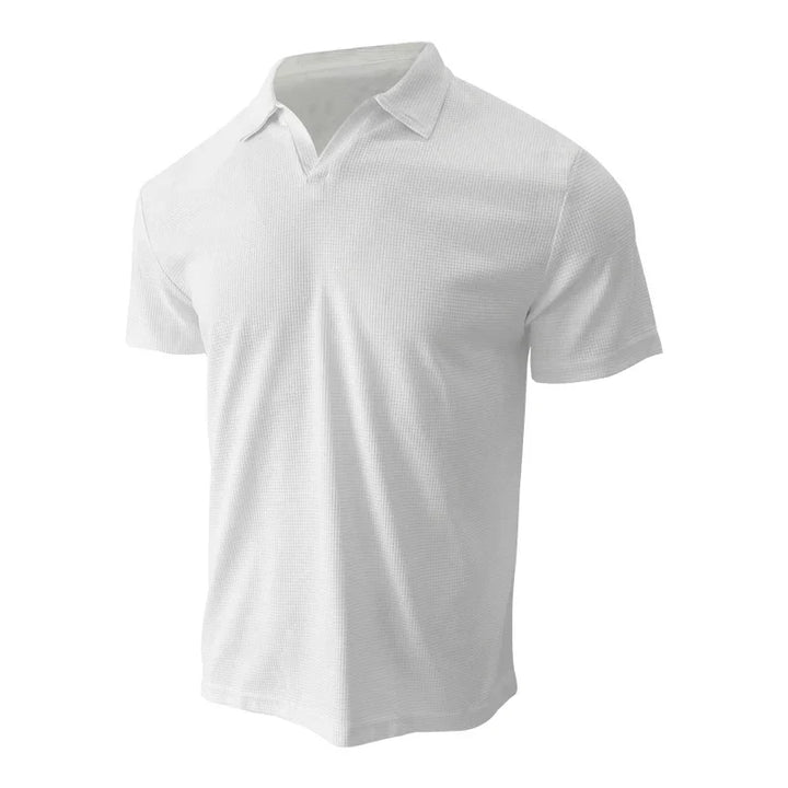 Stilfull herre polo t-skjorte, vaffelstrikk, kortermet V-hals og krage.
